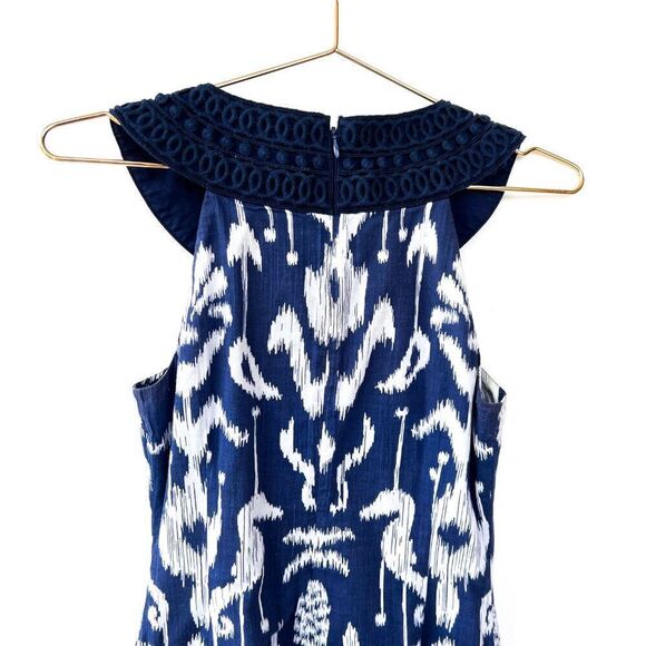 Vineyard Vines Blue White Ikat Print Embroidered Collar 100% Cotton Dress Size 0 - Picture 6 of 7